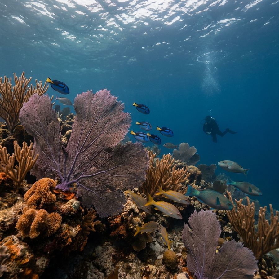 Scuba diver over a coral reef in Puerto Rico